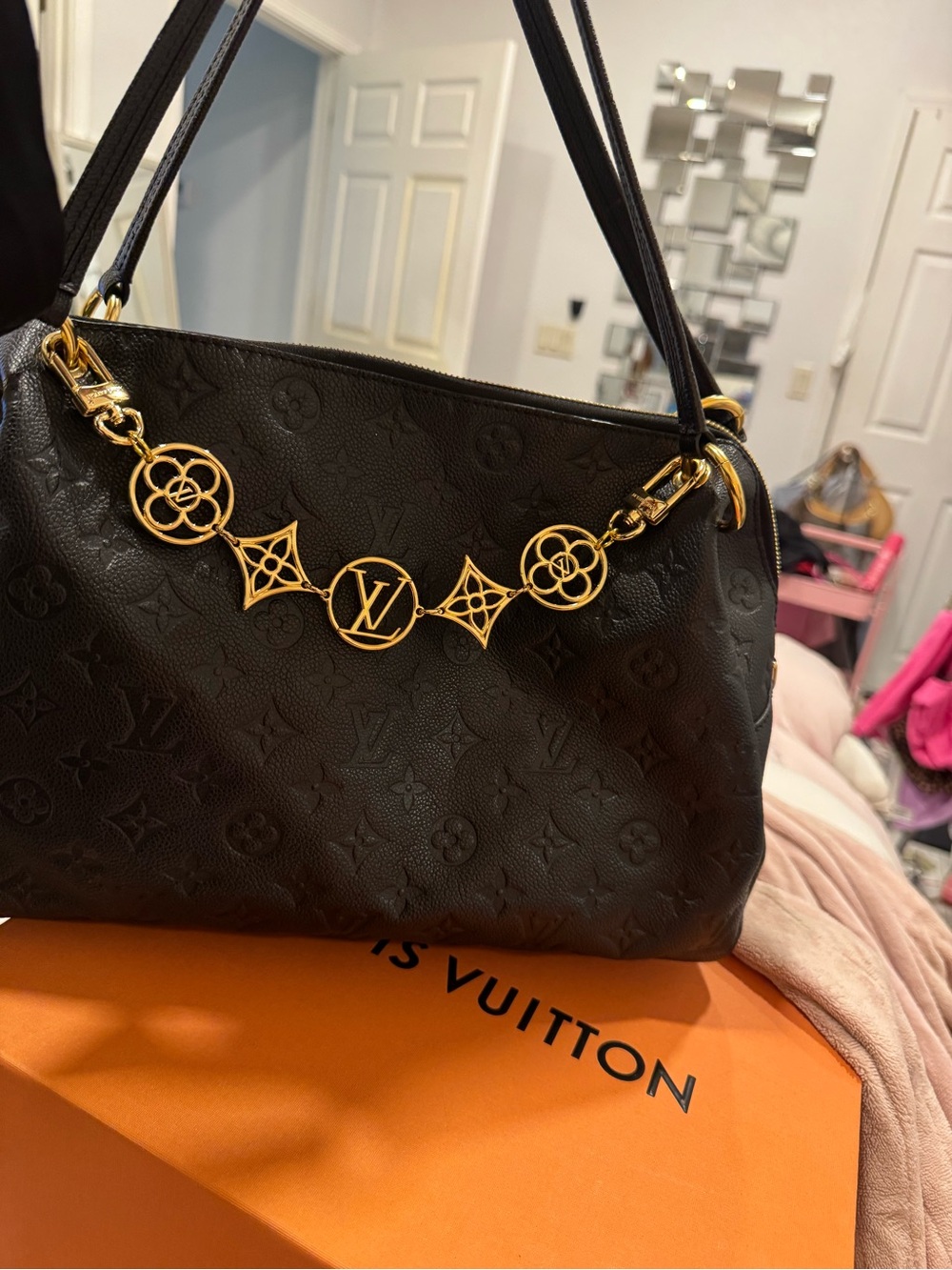 Louis Vuitton Black Monogram Embossed Shoulder Bag with Gold Fleuron Chain